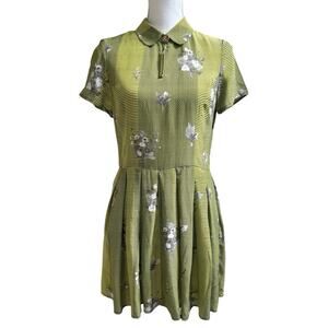 Opening Ceremony Sz M Mini Dress Silk Floral Stripe Geometric Short Slv Pleated